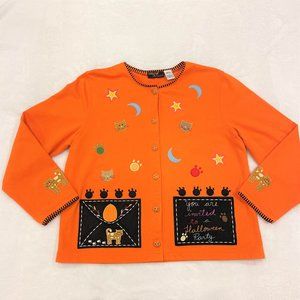Onque Casuals Knit Cardigan Orange Black Halloween Cats Felt Applique Sz L EUC